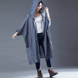 Loose linen hoodies bat wing sleeve linen tunic dress spring linen coat jacket long dress coat oversize cotton blouse plus size clothing