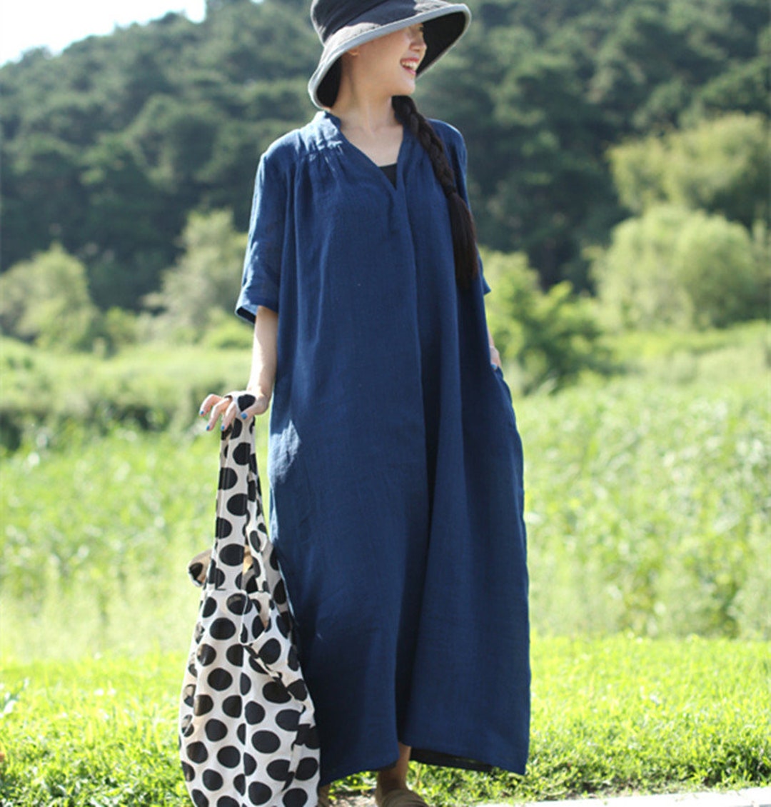 Navy Linen Dress,casual Linen Dress,linen Maxi Dress,long Linen Dress
