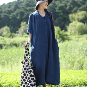 Navy linen dress,casual linen dress,linen maxi dress,long linen dress,maxi caftan,natural linen,handmade clothing