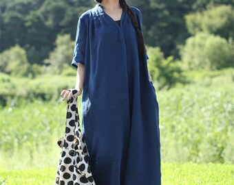 Navy linen dress,casual linen dress,linen maxi dress,long linen dress,maxi caftan,natural linen,handmade clothing