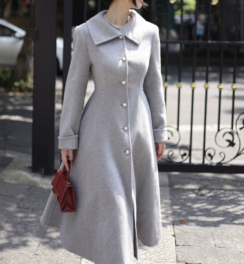 Gray Wool Princess Coat,Fall Winter Wool Swing Coat,Pearl Buttons Elegant Coat,Vintage Long Wool Coat,Handmade Coat image 3