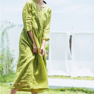 3/4 sleeve spring summer dress,V-neck linen dress,green tunic,shirt linen dress,linen tunic,natural linen dress,handmade dress