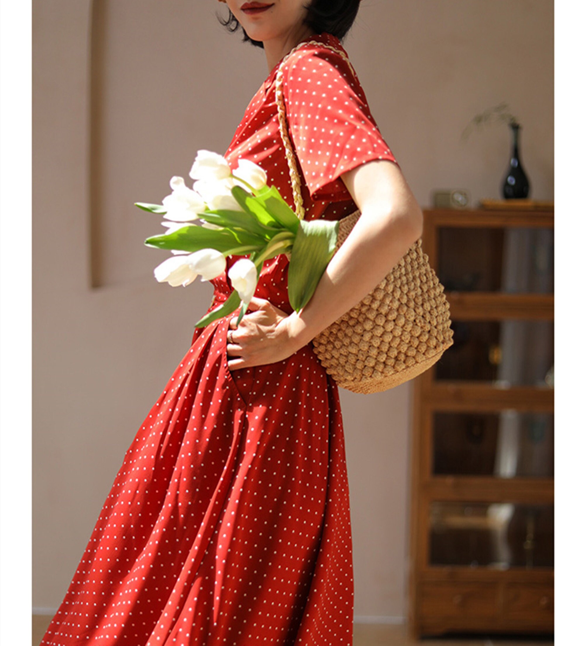 red polka dot chiffon dress Polka Dot Chiffon Wrap Midi Dress