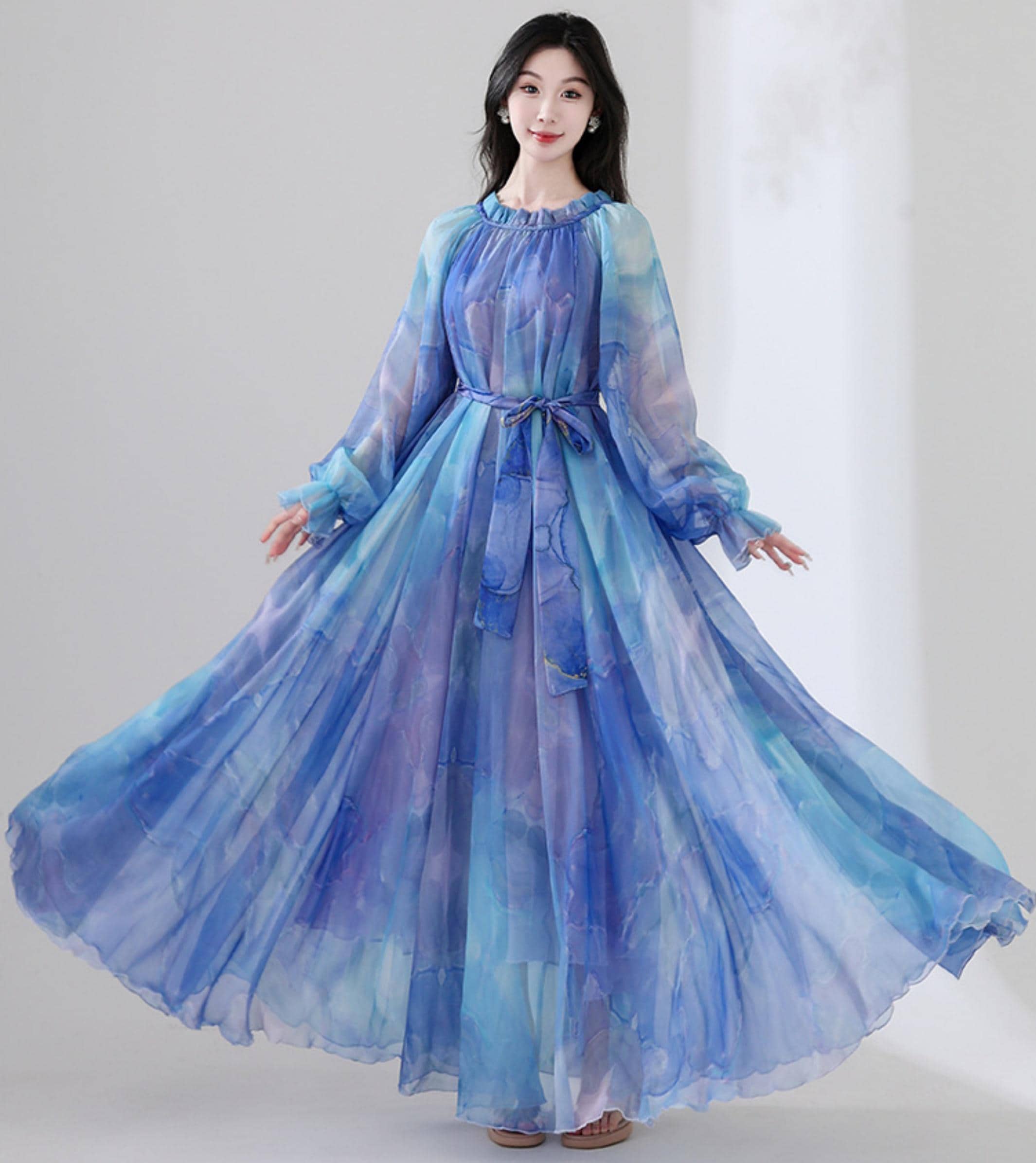 flowy dresses with long sleeves Women chiffon dress sleeve dress spring dress maxi dress evening dress party dress cocktail dress prom dress plus size clothing See plus Womens 2025 Fall Long Sleeve