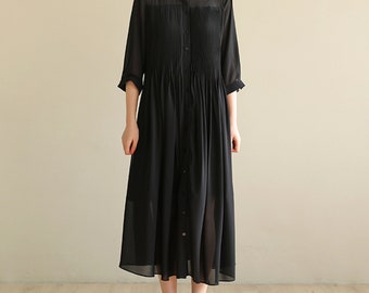 Schwarze Chiffon Kleid, Halbarm Kleid, Sommerkleid, Pleated Kleid, Abendkleid, Party Kleid, plus Größe Kleidung