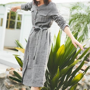 Casual loose linen dress,long sleeve linen tunic dress,linen kaftan,midi dress,smock style dress,plus size clothing