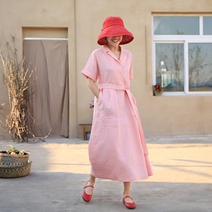 Abito in lino in abito tunica rosa, sciolto, abito manica corta in lino, maxi abito, vestito casual, Abito da giorno, fatti a mano vestito, plus size abito da