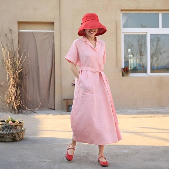 knee length dresses for ladies Rose Pink Linen Dress – L's Boutique Magherafelt main image 1