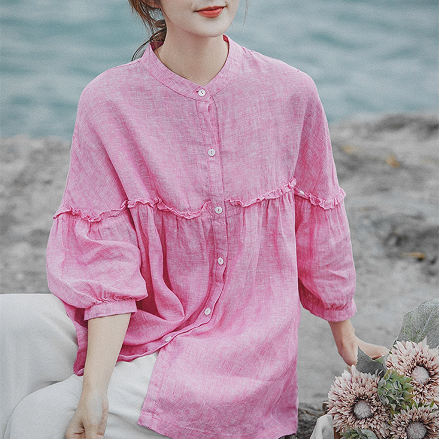 Pink Linen Toplinen Tunic Shirt3/4 Sleeve Blouseloose - Etsy