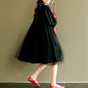 Black tunic dress women loose tulle dress long sleeve cotton blouse spring dress party dress cocktail dress plus size clothing