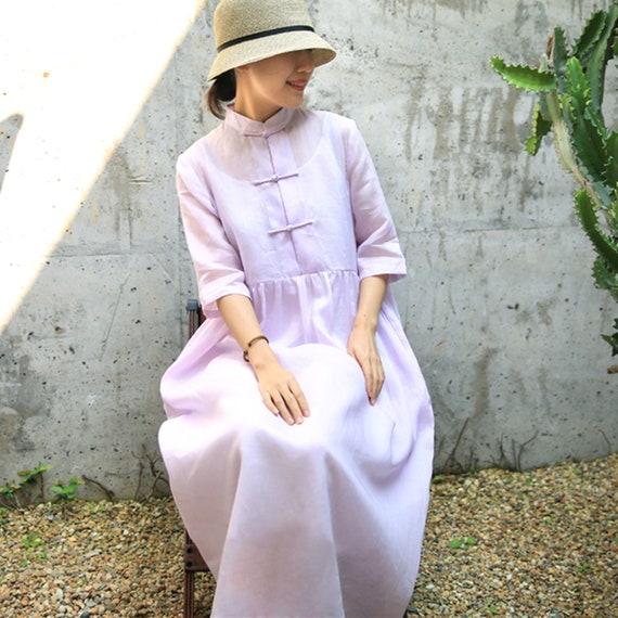 Purple Ramie Linen Dress,Mandarin Collar Summer Dress,Chinese Vintage Dress,Linen Tunic Dress,Women Dress