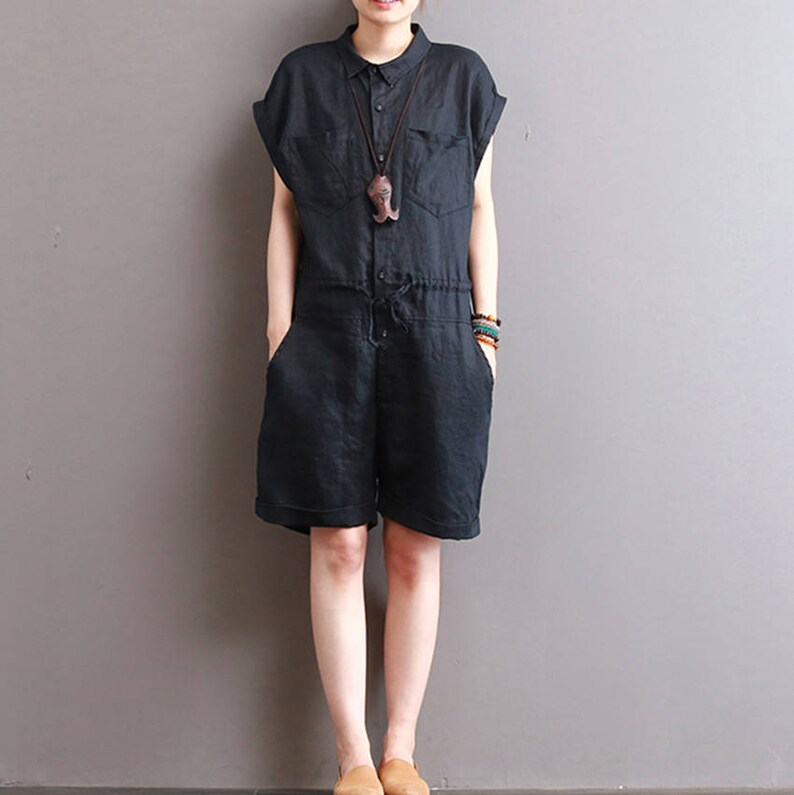 Black linen jumpsuit linen overall women wide legged linen romper with pockets plus size linen clothing handmade