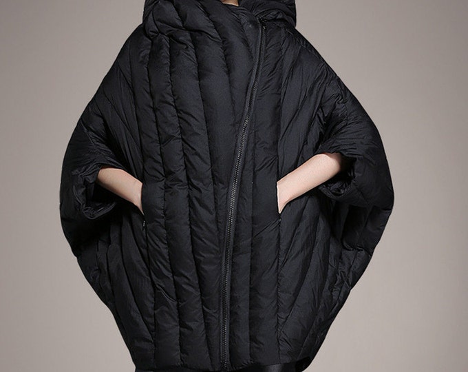 Oversized Black Duck Down Coat, Hooded Winter Outwear