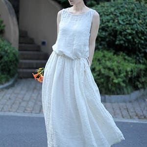 Loose white dress long pleated dress sleeveless summer dress white tunic dress linen dress maxi dress beach dress plus size linen clothing