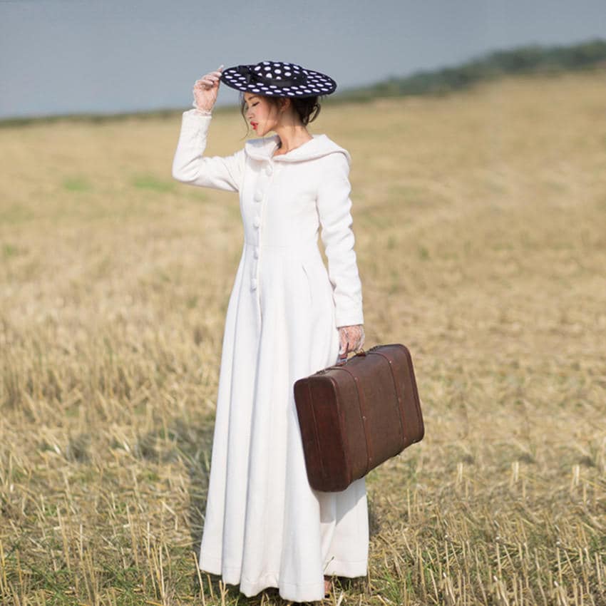 White coat long full length wool jacket warm cozy coat dress