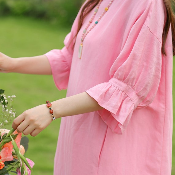pink linen shift dress Marcia Blush Linen Pink Designer Shirt Dress