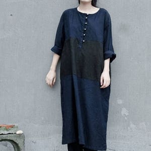 Long sleeve linen dress patchwork tunic dress loose caftan autumn cotton dress long blouse linen clothing maternity