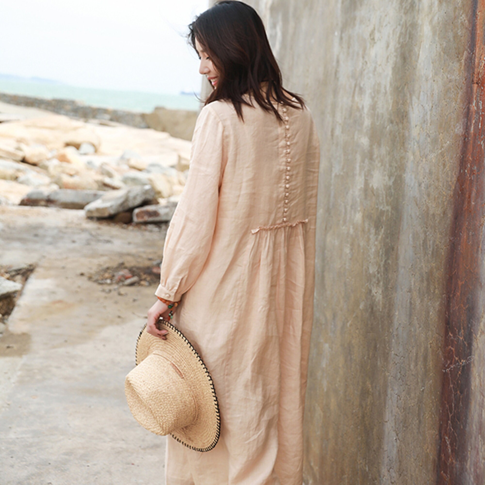 3/4 スリーブ リネン ドレス、リネン シフト ドレス、フラックス