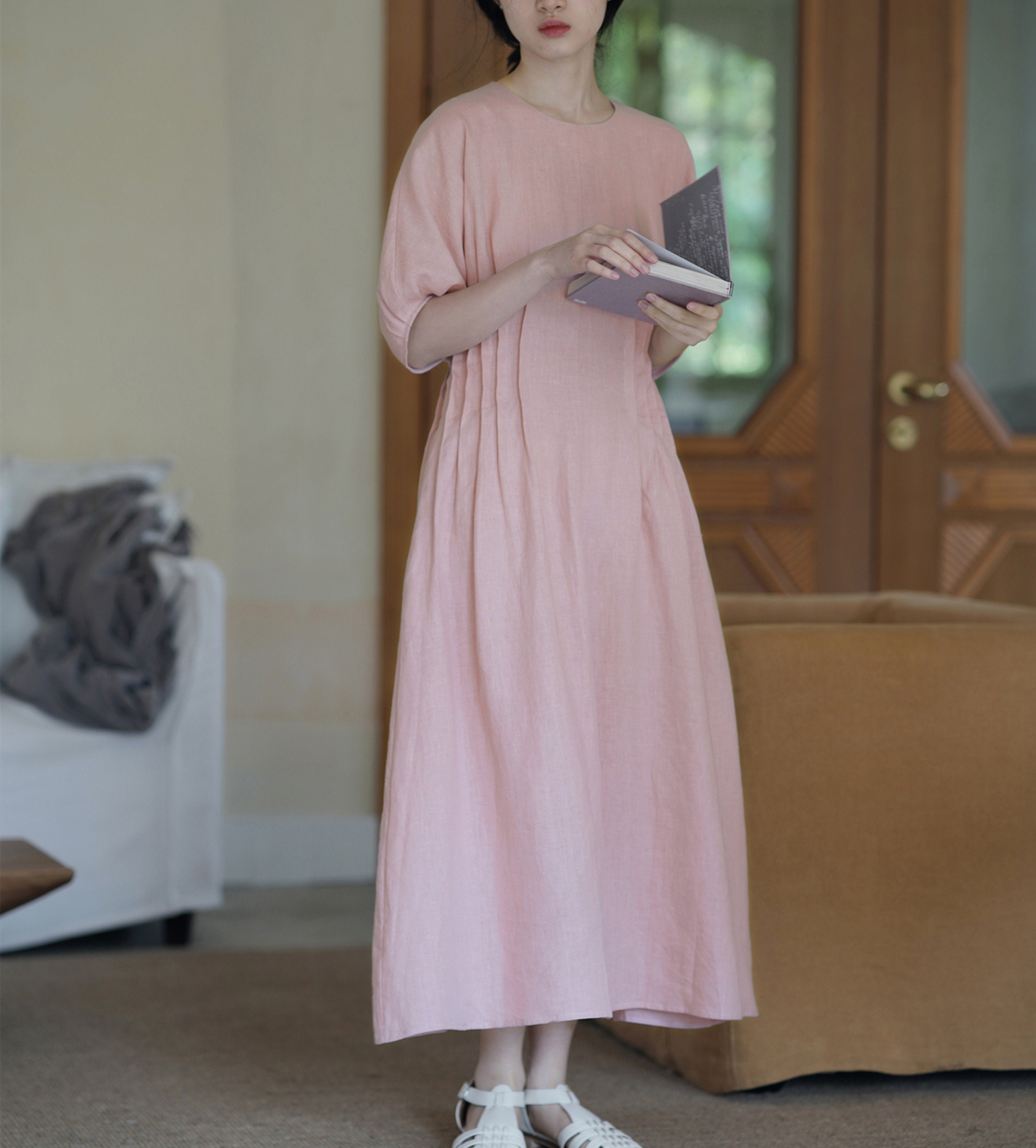 Pink Summer Dress,Puff Sleeve Linen Dress,Loose Linen Dress,Linen Caftan,Smock Linen dress,Boho Dress,Women Long Linen Dress