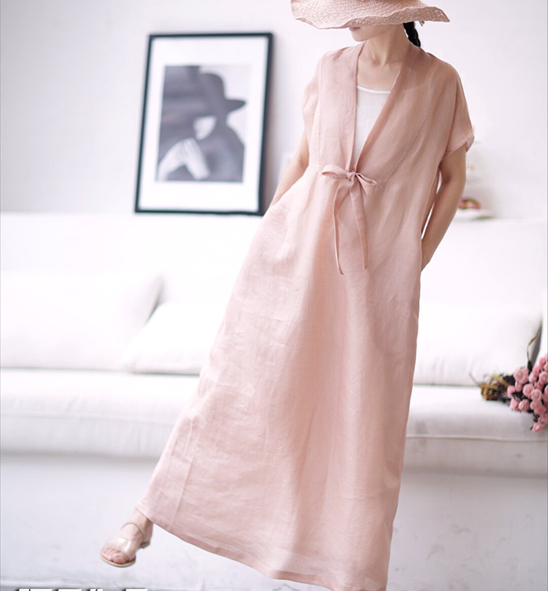 V-neck Pink Dressloose Linen Dress With Front Bandlinen - Etsy