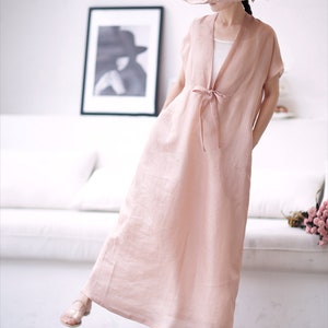V-neck pink dress,loose linen dress with front band,linen shift dress,long dress,smock linen dress,plus size clothing,handmade dress