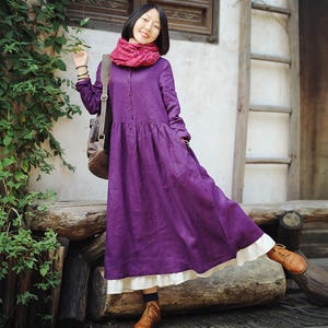 Purple linen and cotton dress,Women Spring Autumn dress,Linen pleated Maxi dress,Pockets Dress,Women Cotton Dress