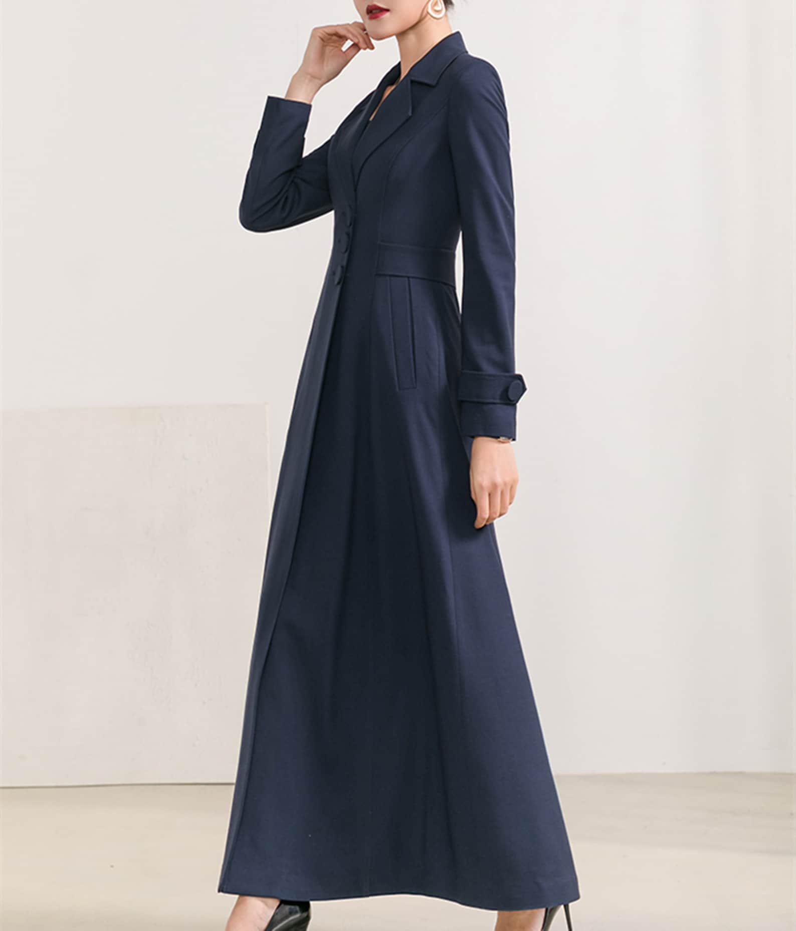 Women's Navy Wool Full Length With Astrachan Coat L/XL