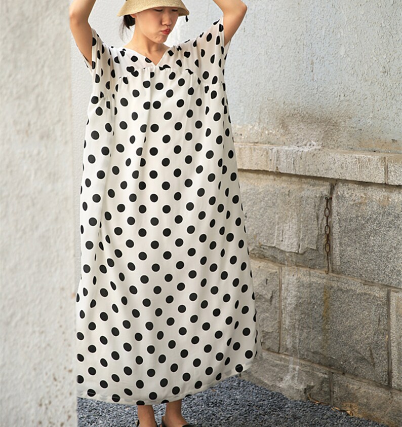 Loose linen summer dress,dots print cotton dress,long shift dress,maxi dress,plus size clothing,custom