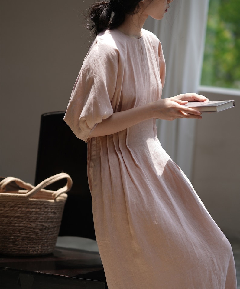 Pink Summer Dresspuff Sleeve Linen Dressloose Linen - Etsy