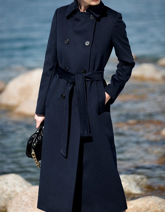 Navy Coat,wool Trench Coat,button Coat,wool Fitted Coat