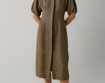 Puffy Sleeve Linen Midi Dress, Handmade Smock Dress