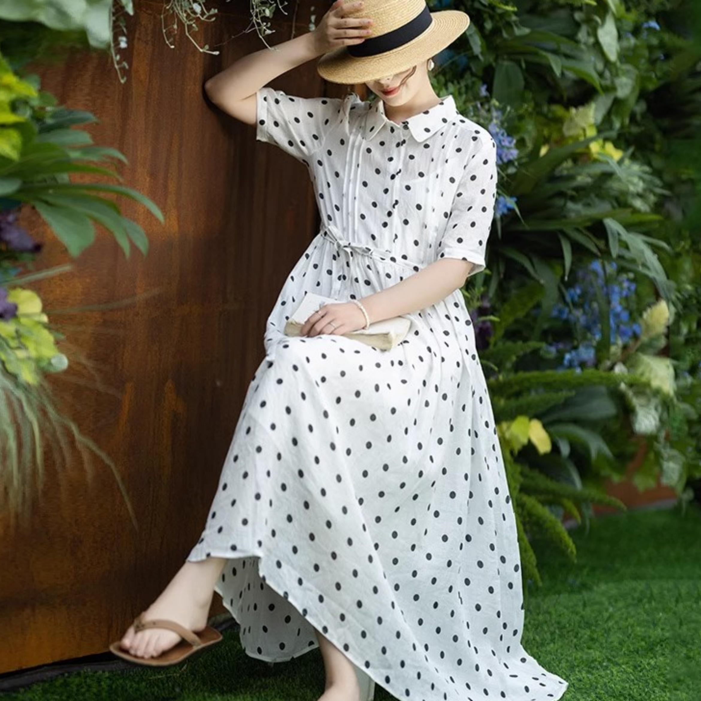 flowy belted maxi dress White Polka Dot Flare Mini Dress - Preppy Ribbon Trim Sundress main image 0