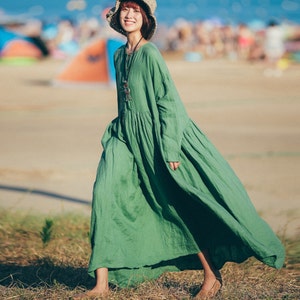 Green linen dress long sleeve tunic dress long winter autumn dress pleated dress linen maxi dress loose cotton blouse plus size clothing