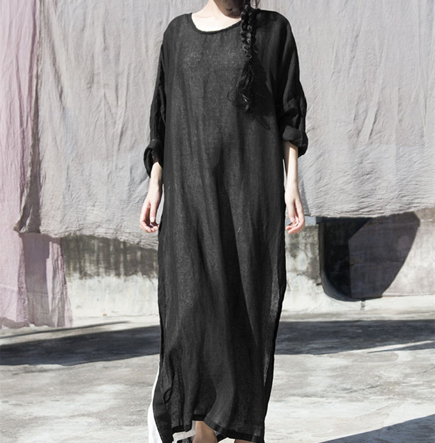 Black Dressloose Linen Dressside Slit Dresstunic Dresslong | Etsy