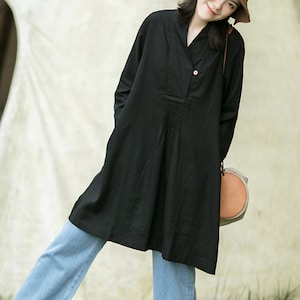 Black linen top,linen tunic shirt,long sleeve spring autumn top,loose blouse,maxi top,plus size clothing,handmade top,custom