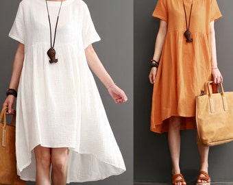 Women round neck maxi dress summer cotton blouse tunic dress cotton pleated dress linen dress women linen clothing plus size clothing