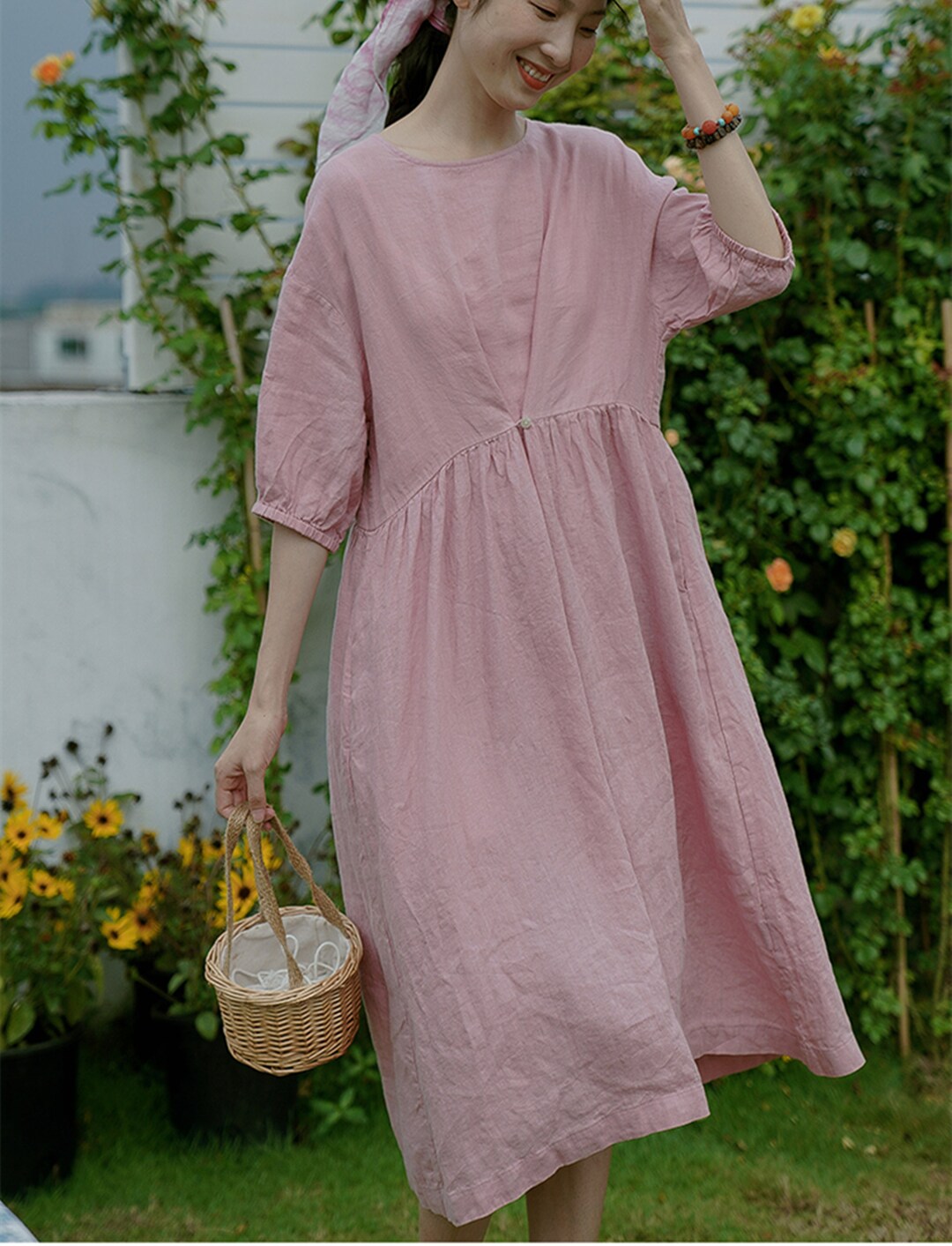 Handmade Pink Linen Tunic Dress, Half Sleeve Pleated Day Dress Handmade Pink Linen Tunic Dress, Half Sleeve Pleated Day Dress