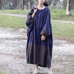Loose Linen Cotton Dress,Casual Patch-work Dress,Maxi Dress,Loose Tunic Dress,Oversize Dress,Maternity Dress
