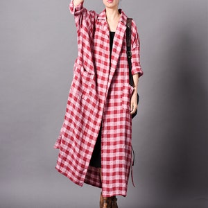 Red check linen jacket with belt,long sleeve linen tunic,autumn spring cotton coat,long dress coat,oversize blouse,plus size clothing