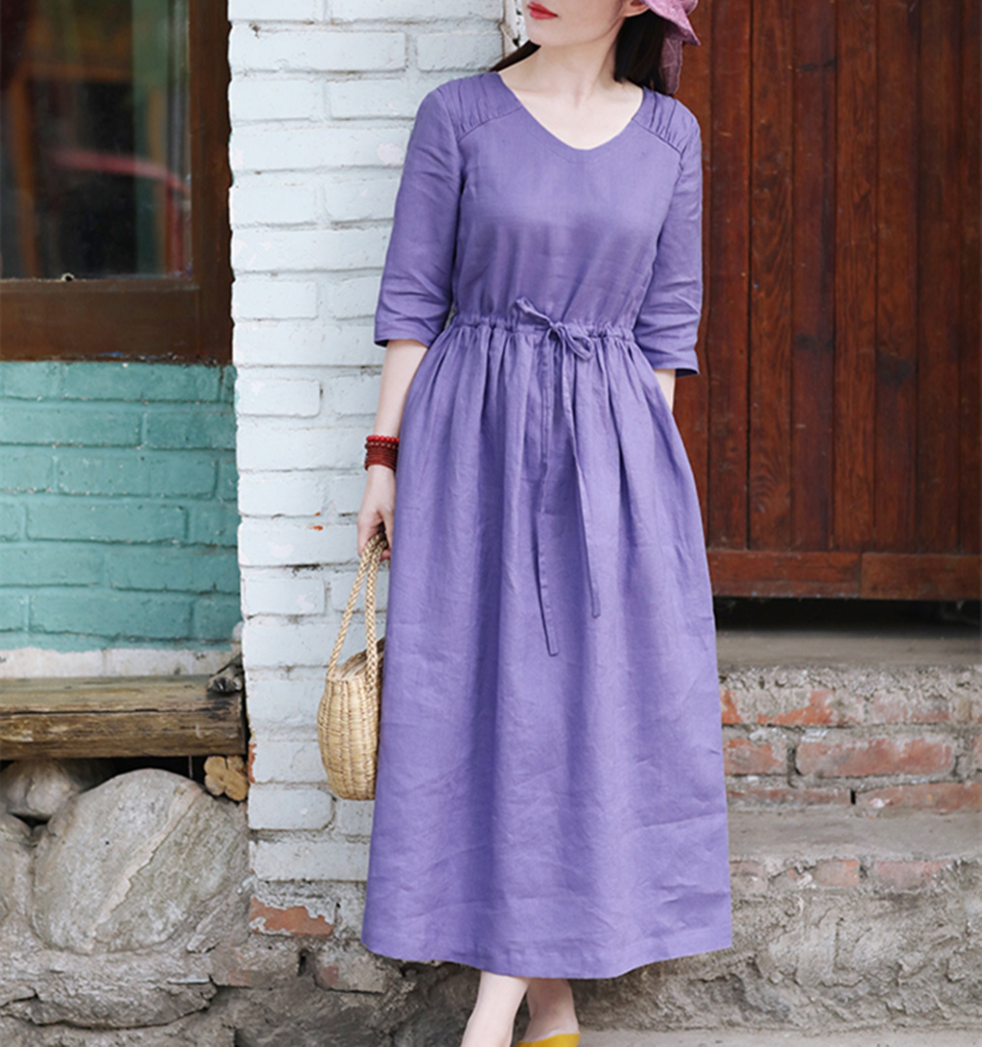 Purple Linen Dress,half Sleeve Linen Maxi Dress,pleated Dress,smock — free download