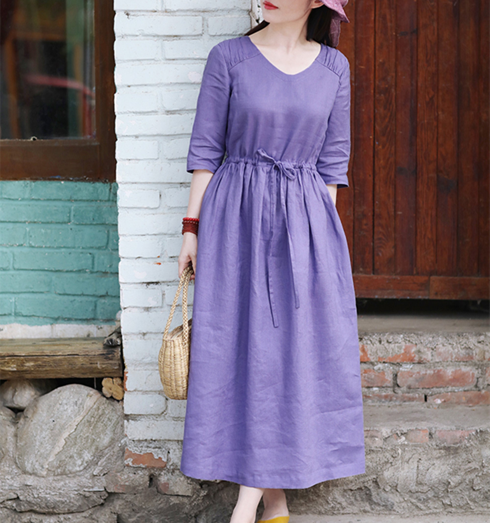 Purple Linen Dresshalf Sleeve Linen Maxi Dresspleated - Etsy