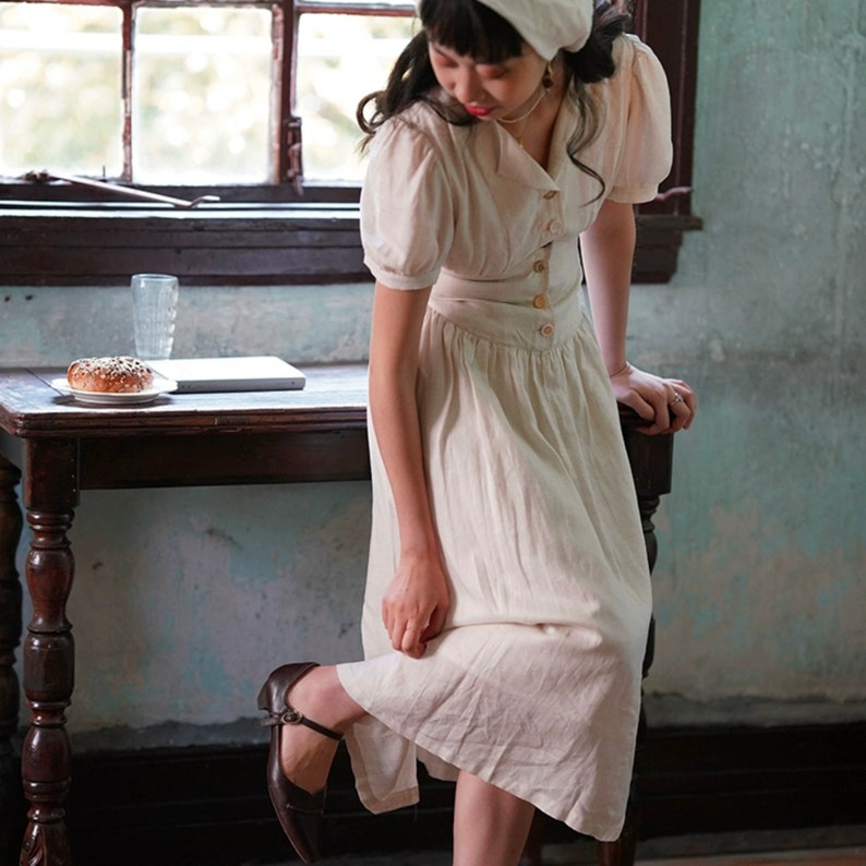Short Sleeve Linen Cotton Dress,Midi Vintage Dress,Cottagecore Dress,Linen Ruffle Dress,Women Summer Dress image 5