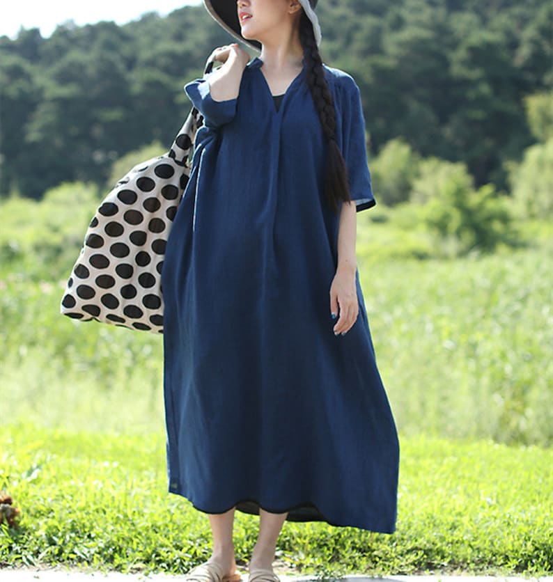 Navy Linen Dresscasual Linen Dresslinen Maxi Dresslong Etsy