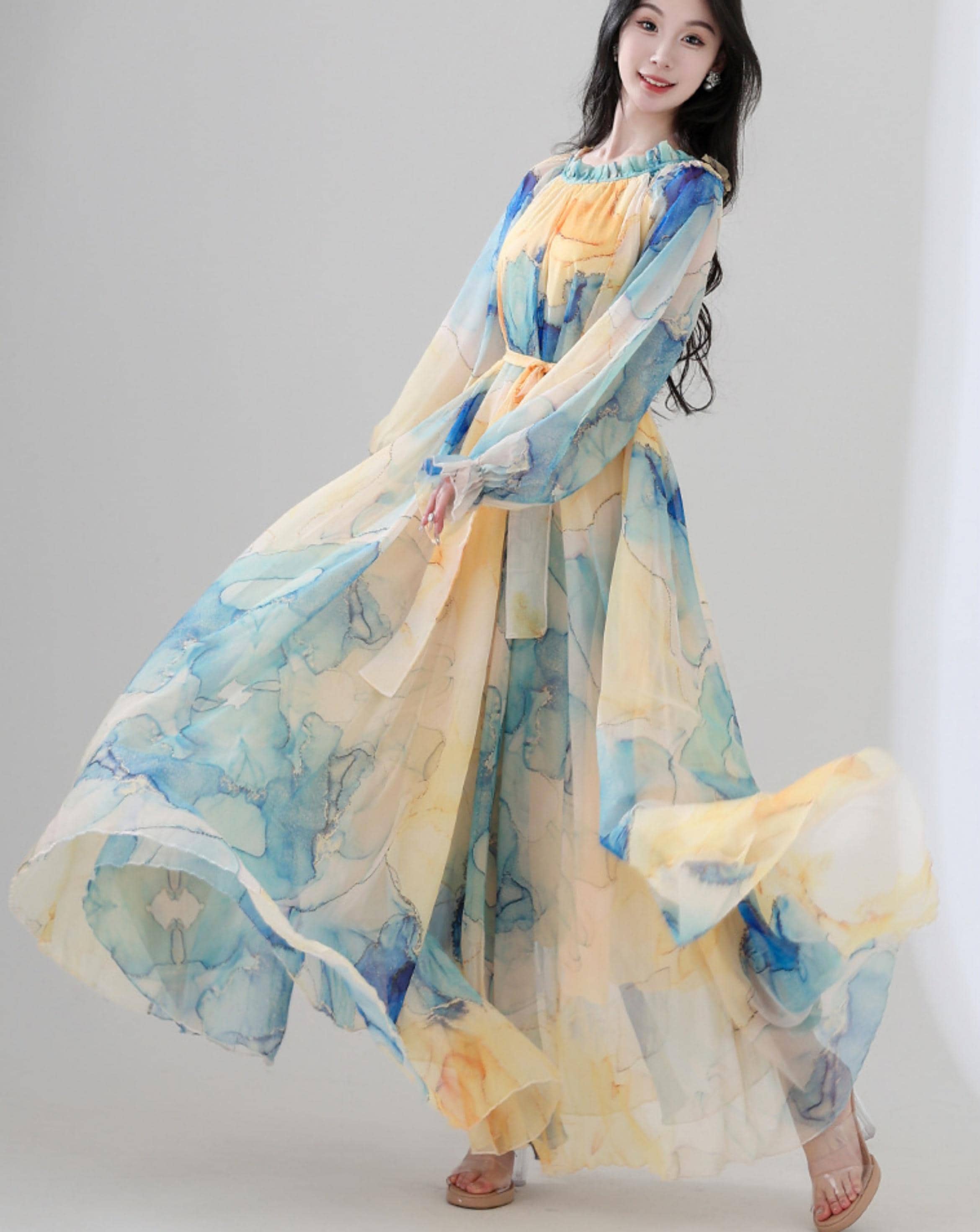 cute flowy dresses with sleeves Women's Summer Puff Sleeve Floral Split Maxi Dress Flowy A Line Casual Beach Long Dresses-Green-XS at Amazon Women's Clothing store