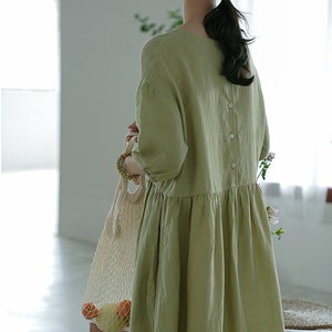 Mustard green Ramie Linen Tunic Dress,Button up Linen Dress,Boho Dress,Day dress,Handmade Dress