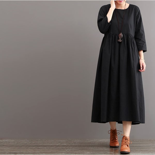 Black pleated dress autumn linen dress long shift dress round neck tunic dress linen maxi dress plus size clothing linen clothing