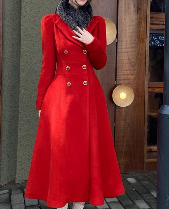 Roter Wollmantel,Puffärmel,Wolloberbekleidung,Winter,Wollschaukel