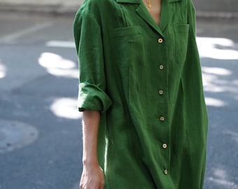 Green Linen Dress,Long sleeve Spring Dress,Pockets Dress,Linen Belt Dress,Long Linen Dress,Loungewear,Women Dress