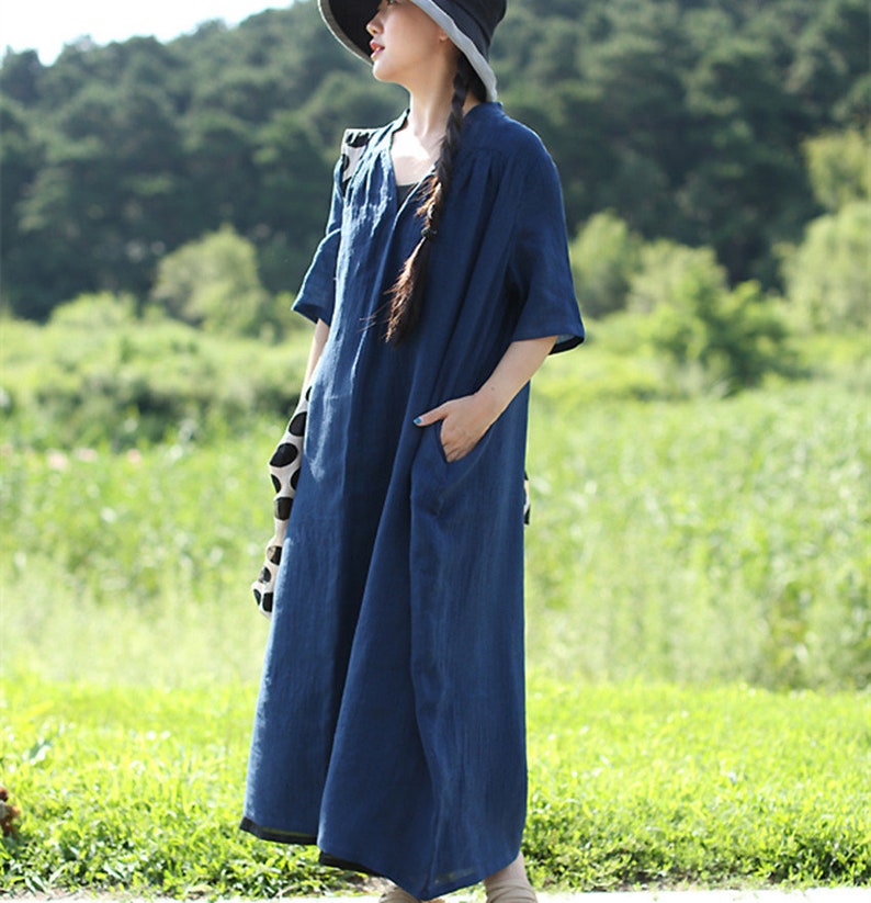 Navy Linen Dresscasual Linen Dresslinen Maxi Dresslong Etsy