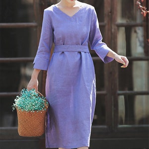 3/4 Sleeve Linen Tunic Dress,Ramie Linen Fitted Dress,Organic Linen Dress,Day Dress,Women Casual Long dress,Custom